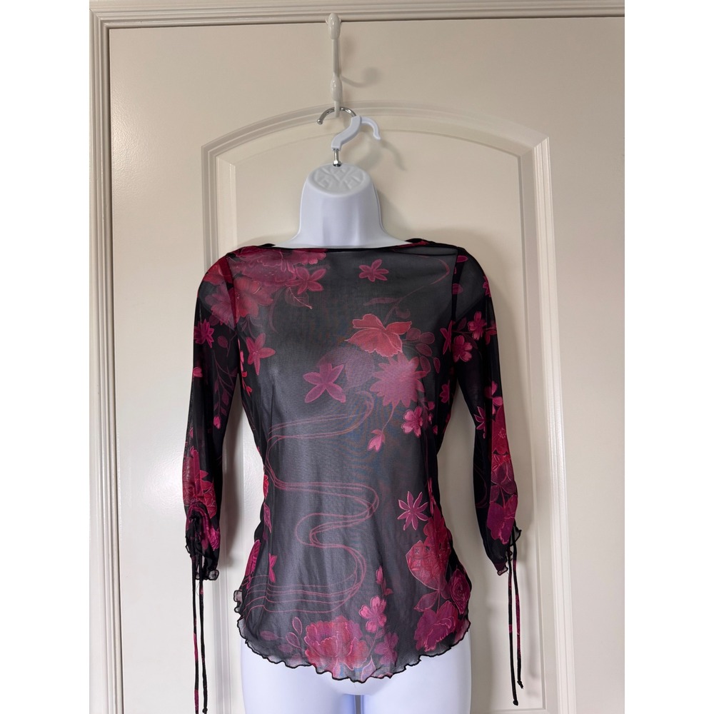 My Michelle Vintage Y2K Sheer Mesh Floral Cinch Sleeve Top Black Pink Large